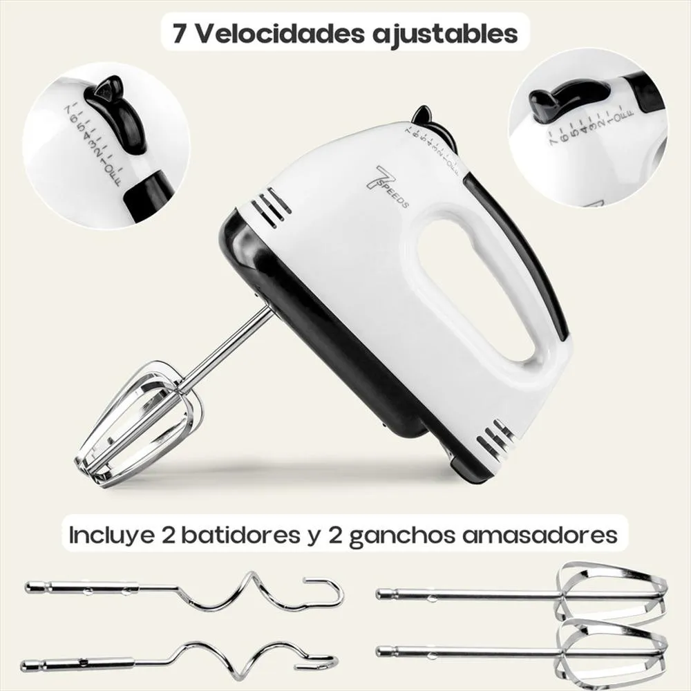 Batidora Eléctrica de Mano de 7 Velocidades con Ganchos y Batidores