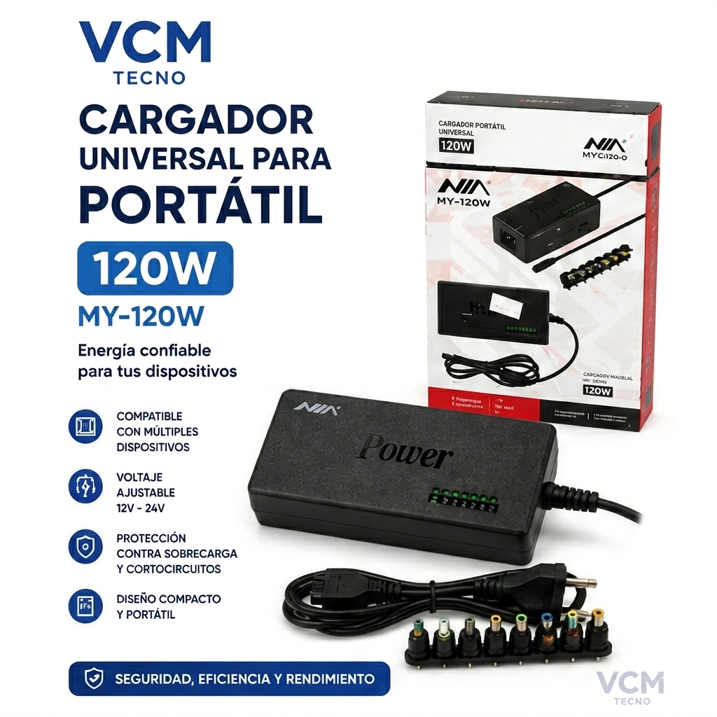 Cargador Universal para Laptop NIA MY-120W de 120W con 9 Conectores