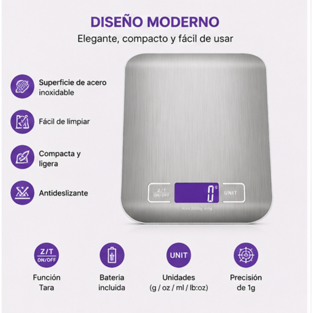 Báscula Gramera Digital de Cocina en Acero Inoxidable (Capacidad 5 Kg)