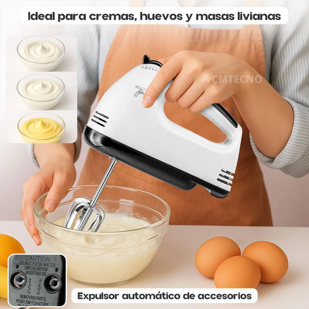 Batidora Eléctrica de Mano de 7 Velocidades con Ganchos y Batidores