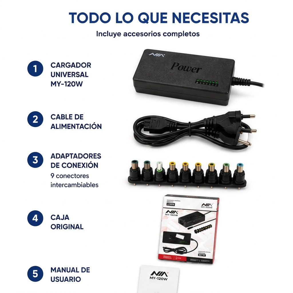Cargador Universal para Laptop NIA MY-120W de 120W con 9 Conectores