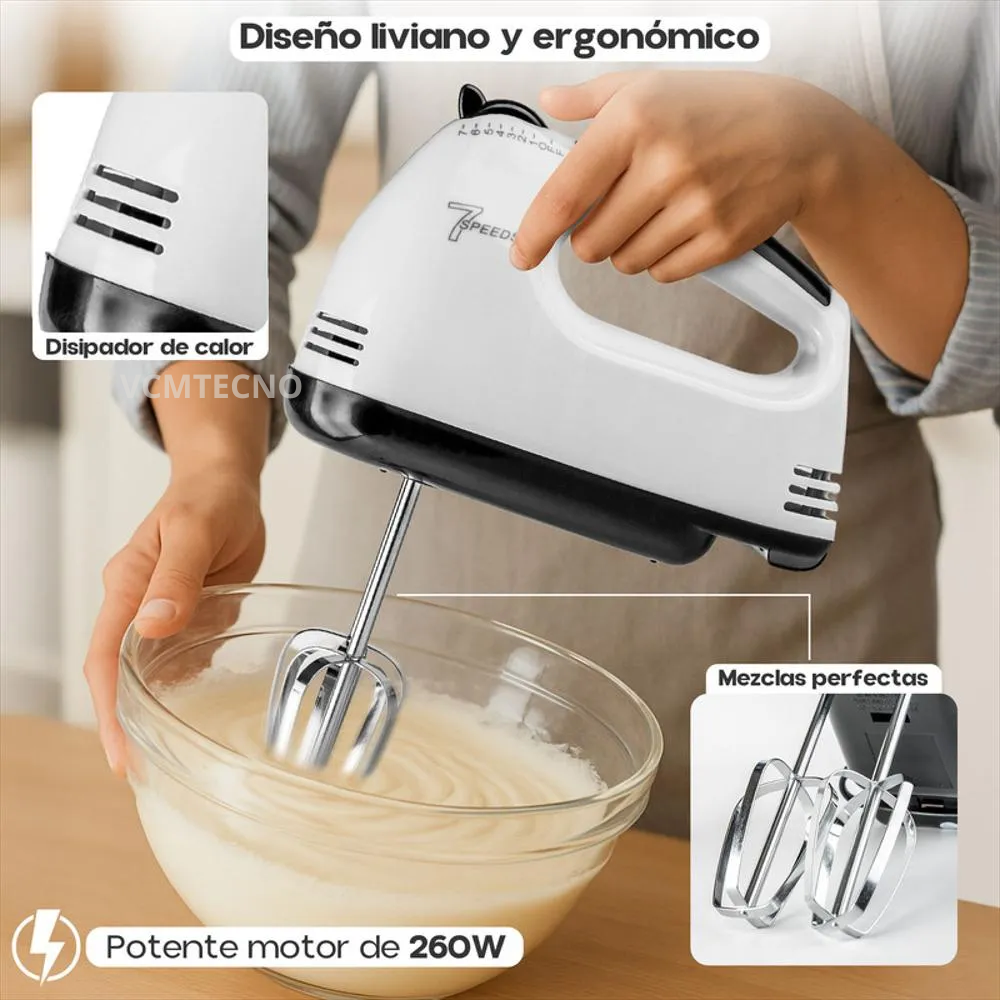 Batidora Eléctrica de Mano de 7 Velocidades con Ganchos y Batidores