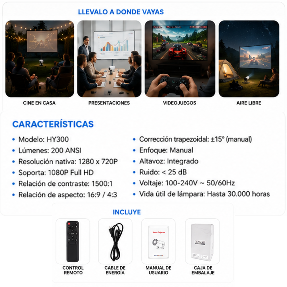 Proyector Inteligente Android TV 11 WiFi Bluetooth 200 ANSI (Modelo HY300)
