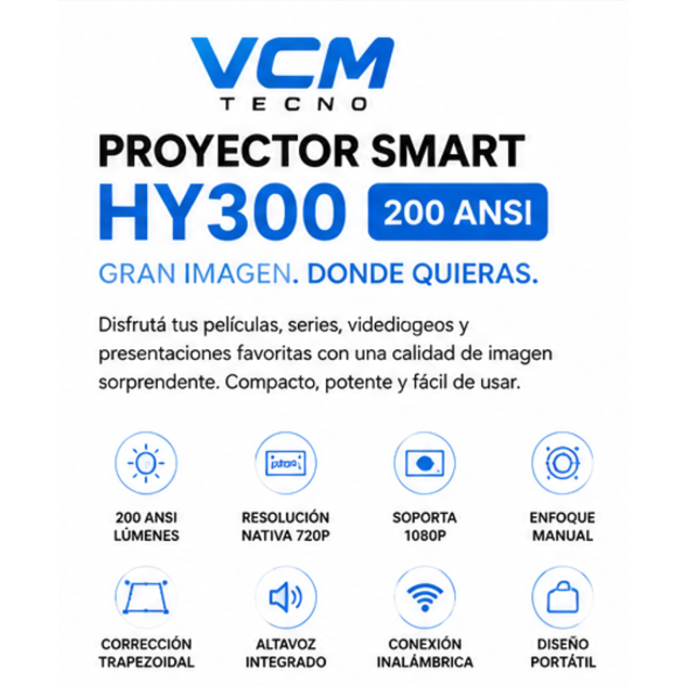 Proyector Inteligente Android TV 11 WiFi Bluetooth 200 ANSI (Modelo HY300)