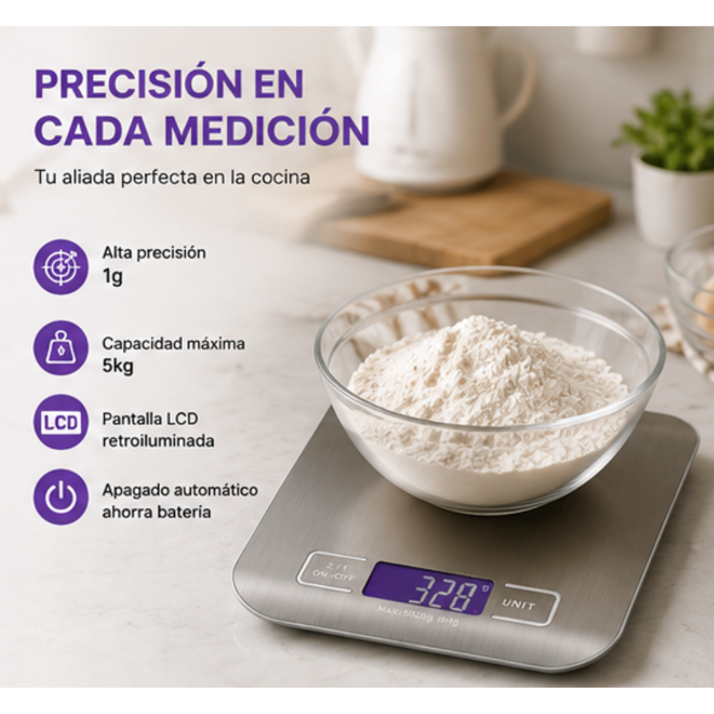 Báscula Gramera Digital de Cocina en Acero Inoxidable (Capacidad 5 Kg)